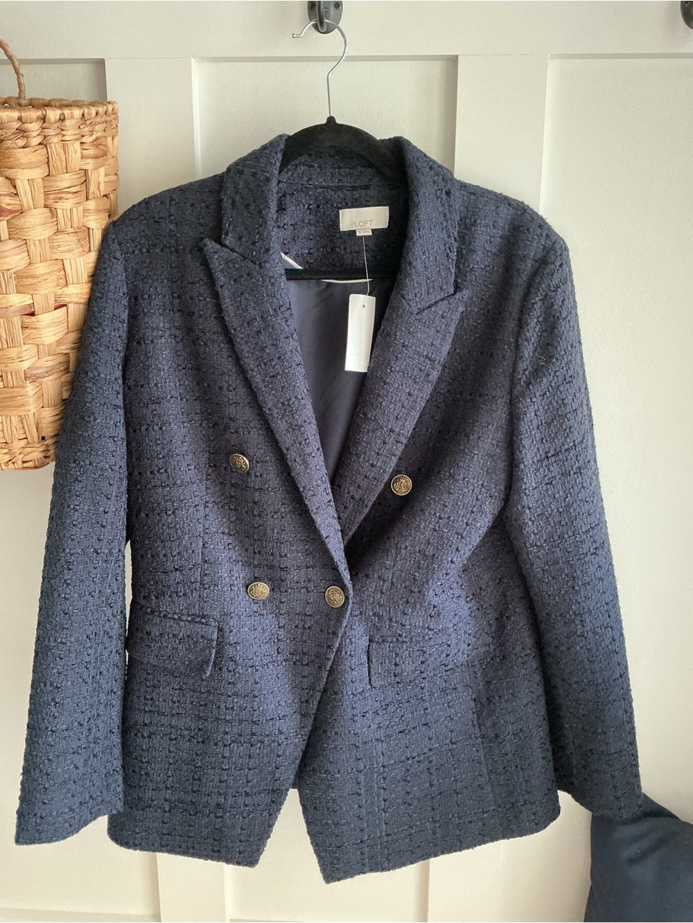 LOFT Navy Tweed Double-Breasted Blazer with Gold Buttons